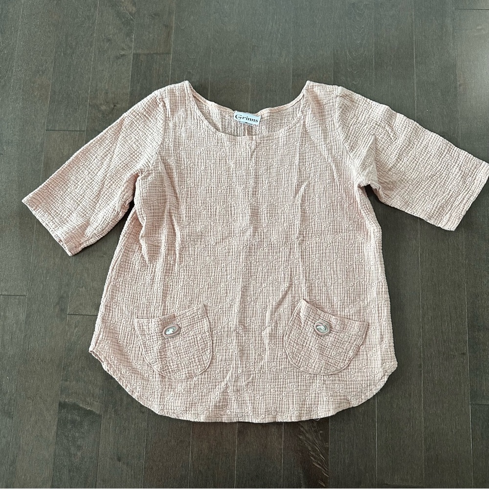 Vintage Grinns Lagenlook Cottagecore Top Embroidered Patch Packets Pale Pink M